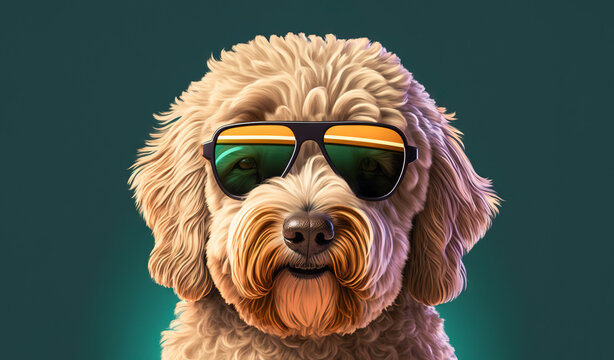 Cool Goldendoodle pet dog wearing sunglasses, on a blue background. Image created with generative ai