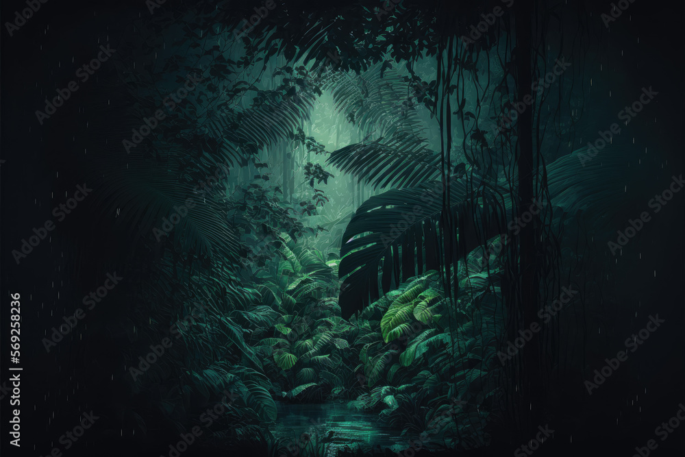 Poster dark prehistoric jungle. rainforest with exotic plants and trees. generative ai