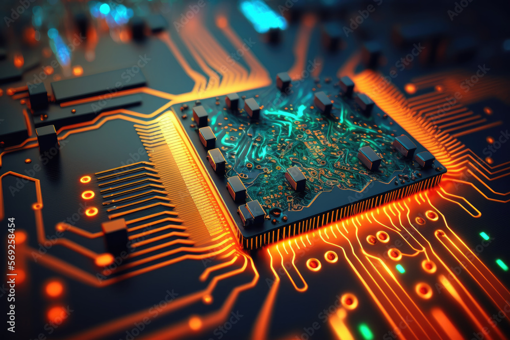 Poster electronic circuit with microchips on a circuit board. generative ai