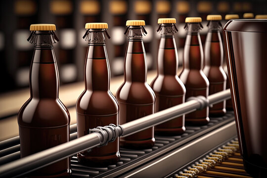 felt beer bottles in a brewery factory on a conveyor belt. Generative AI
