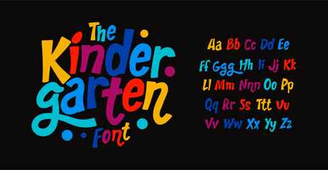 Plakat Kindergarten colorful alphabet, kid colored sans serif letters, joyful festival font for bright fiesta logo, mexican headline, birthday and greeting card childhood lettering.Vector typographic design.