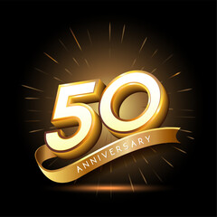 50th anniversary with 3d number and ribbon shiny gold design