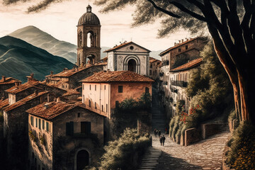 Fototapeta na wymiar illustration of a beautiful small town with an old church. Generative AI
