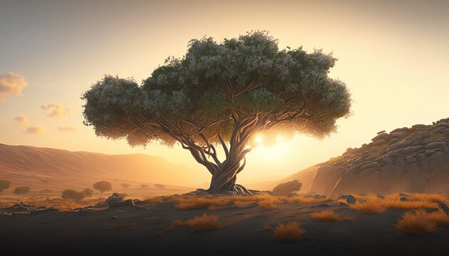  a lone tree in a desert with the sun setting in the background and a rocky outcropping in the foreground, with yellow grass and yellow flowers in the foreground.  generative ai