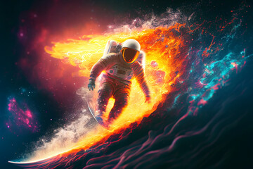 Astronaut surfing the shockwave from an atomic explosion in dynamic pose. Not an actual real person.  
Digitally generated AI image