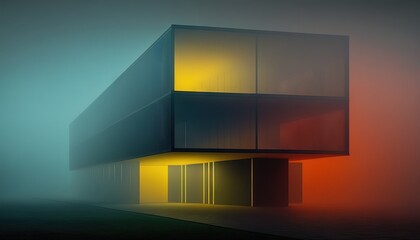  a building that has a lot of windows on it's side and a foggy sky in the background with a few lights on it.  generative ai