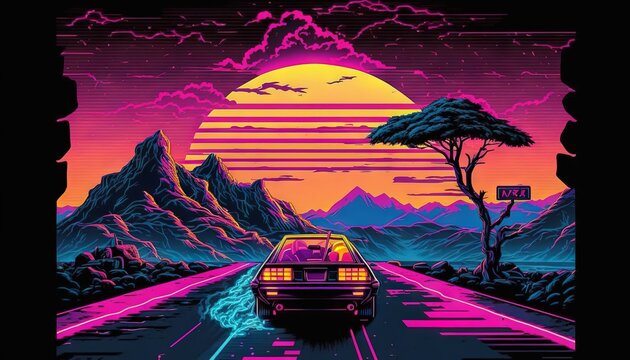  a car driving down a road in front of a sunset with a bird flying over the top of the car and mountains in the background.  generative ai