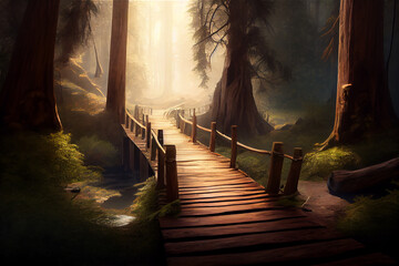 Old wooden bridge in the middle of a thick forest, generative AI