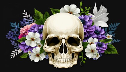  a skull surrounded by flowers and leaves on a black background with a white skull in the middle of the image with a black background with a.  generative ai