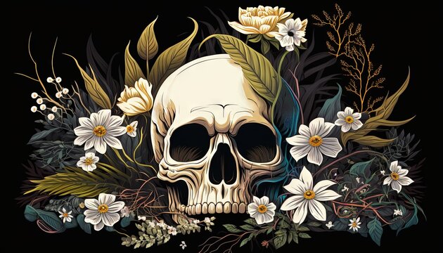  a skull surrounded by flowers and leaves on a black background with a black background and a black background with white flowers and a black background.  generative ai