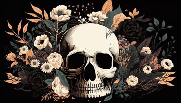  a skull surrounded by flowers and leaves on a black background with a black background and a white skull in the center of the image with a.  generative ai