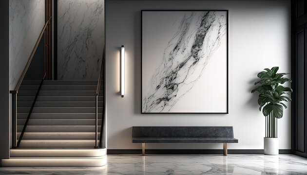  a marbled wall with a marble bench and a painting on the wall next to a stair case and a plant in a vase on the floor.  generative ai