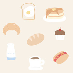 Hand drawn illustration set of breakfast elements.
