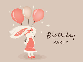 Festive children's background with balloons and a cute rabbit for a postcard, invitation, cover. Vector illustration