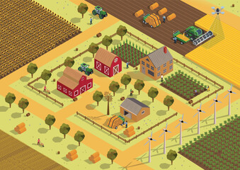 Big farm concept. Agriculture and rural area. Men gather wheat and grow vegetables and fruits. Harvest and natural and organic products. Poster or banner. Cartoon isometricvector illustration