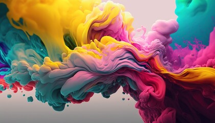  a multicolored substance is floating in the air with a white background and a gray background with a light blue, red, yellow, pink, green, and purple, and pink substance.  generative ai
