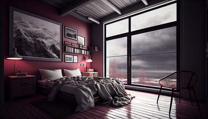 Luxurious Bedroom Design: A Red and Grey Indoor Oasis with Posh Furniture and Decor