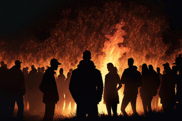 Fototapeta premium illustration of a large crowd of people gathered around a fire at night. Generative AI