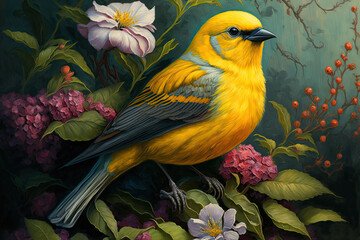 illustration of a little yellow songbird sitting on a branch among flowers. Generative AI