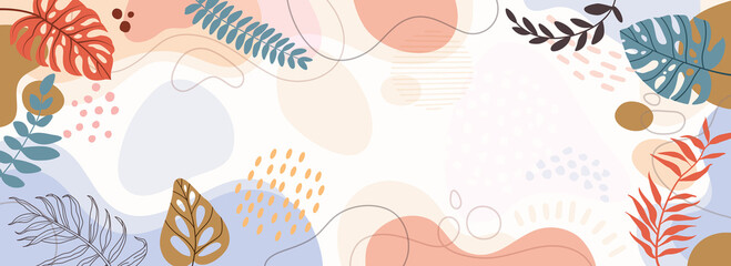 Design banner frame background .Colorful poster background vector illustration.Exotic plants, branches,art print for beauty, fashion and natural products,wellness, wedding and event.