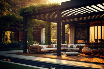 luxurious house with a modern terrace with a canopy and comfortable garden furniture. Generative AI - obrazy, fototapety, plakaty