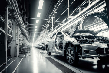 modern car factory with cars on the conveyor. Generative AI