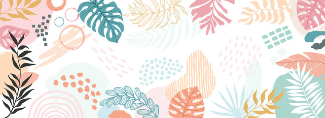 Design banner frame background .Colorful poster background vector illustration.Exotic plants, branches,art print for beauty, fashion and natural products,wellness, wedding and event.