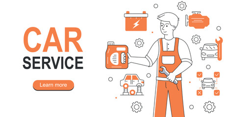 Car service banner. Man with wrench and engine oil near details of machine, car. Modernization and tuning of transport. Repair and worker. Landing page design. Cartoon flat vector illustration