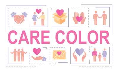 Care color banner. Charity, activism and volunteerism. Kindness and generosity. Collection of icons, poster or banner for website. Cartoon flat vector illustrations isolated on white background
