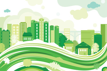 Vector illustration of a city view with houses and  skyscrapers. Green city with suburban houses. Vector poster.	