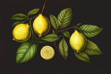  a painting of lemons on a branch with leaves and a lemon on a branch with leaves and a lemon on a branch with leaves and a lemon on a dark background.  generative ai