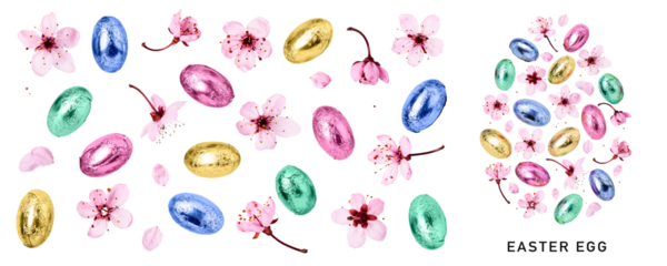 Easter egg, colorful candies and cherry blossom set. PNG isolated with transparent background. Flat lay, top view. Without shadow.