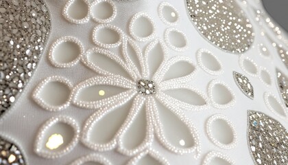  a close up of a white dress with silver sequins on the bottom of the dress and a white flower on the bottom of the dress.  generative ai