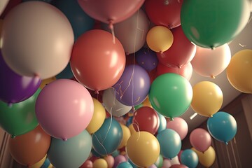 Fototapeta na wymiar a bunch of balloons that are hanging from a ceiling in a room with a door and a wall in the background that has a bunch of balloons hanging from the ceiling. generative ai