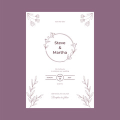 Minimalist wedding invitation template simple style with hand drawn floral decoration