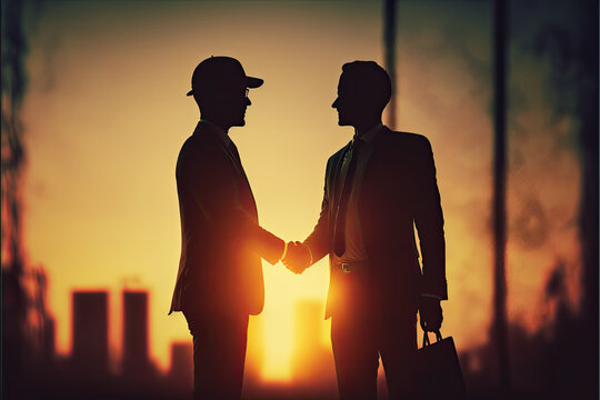 Two business men silhouettes shake hands at sunset. Generative AI