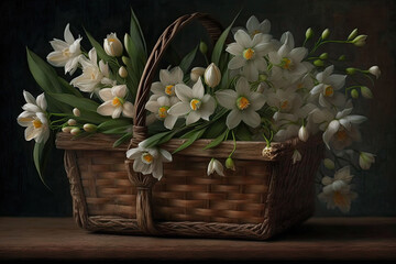 white flowers in a basket. Generative AI