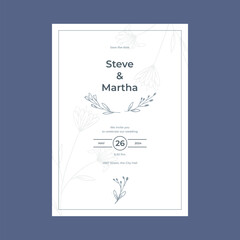Minimalist wedding invitation template simple style with hand drawn floral decoration