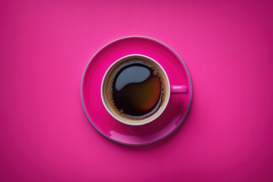  a cup of coffee on a saucer on a pink background with a shadow of a heart on the top of the cup and bottom of the cup.  generative ai