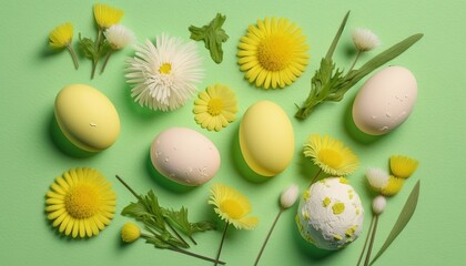  a bunch of flowers and eggs on a green surface with one egg laying in the middle of the picture and the other laying in the middle of the picture.  generative ai