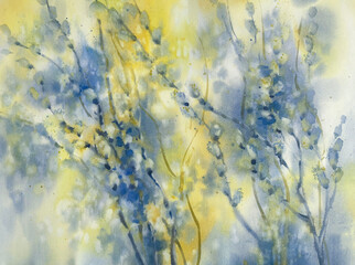 Pussy willow twigs in a blue and yellow watercolor background - 569264464
