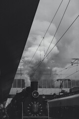 old locomotive, fume cloud, railway station, moody, monochrome 