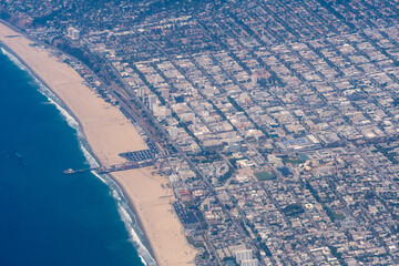 Aerial view of the Santa Monica Pier, Santa Monica Beach and the west side of Los Angeles