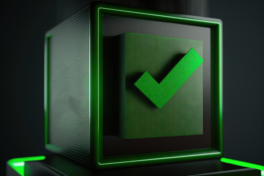  A 3d Rendering Of A Green Check Box With A Tick Symbol On The Front Of The Box And A Green Tick Symbol On The Back Of The Box.  Generative Ai