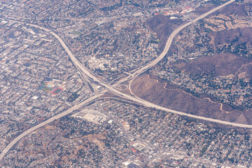 8/27/2022:  Glen Oaks, California, USA Aerial view of the interchange of State Route 134  Ventura Freeway and State Route Glendale Freeway 