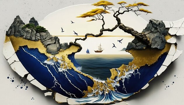  a broken plate with a painting of a boat in the ocean and a tree on the top of the plate with birds flying over it.  generative ai