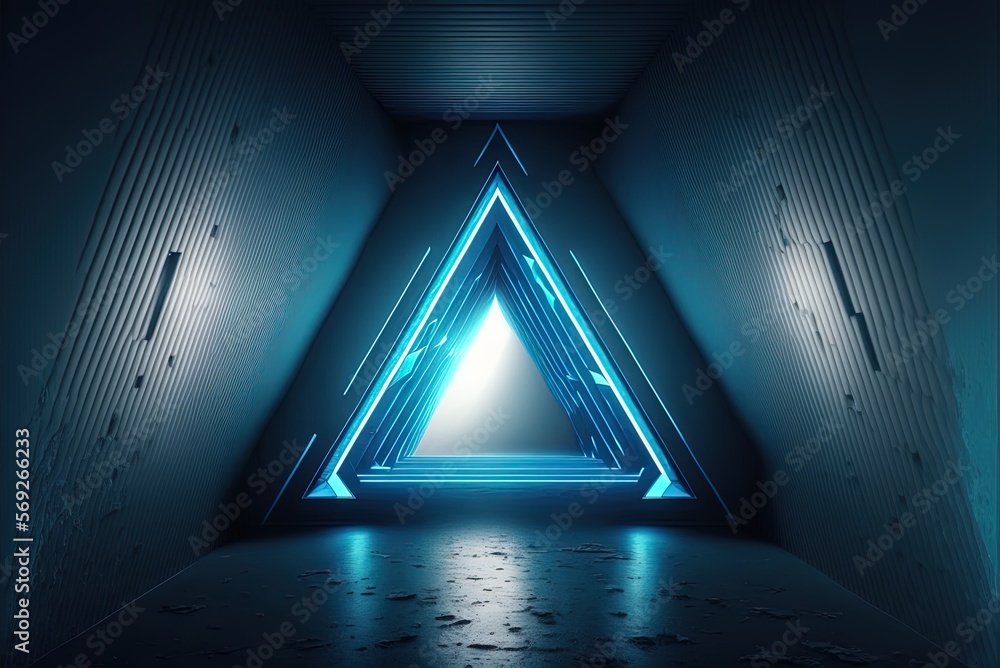 Poster aerial view of a futuristic spaceship's entry tunnel, with a triangular window illuminating a blue l