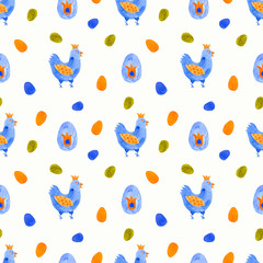 Seamless pattern in cartoon style. Blue cockerel and blue eggs on a white background.