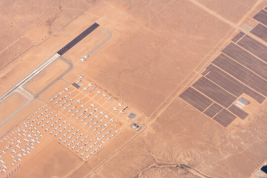 Victorville, California, USA:  Aerial view of the Southern California Logistics Airport - SCLA  boneyard where jets are parked while they are getting ready to be scrapped