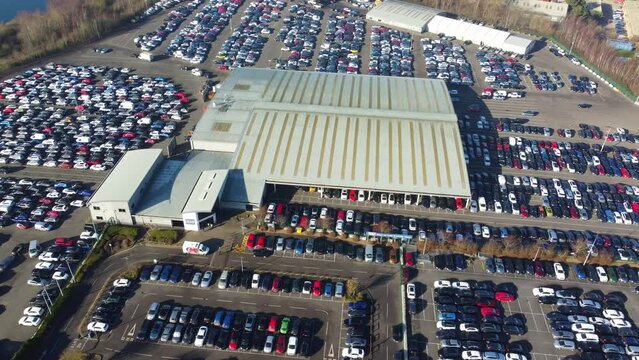 Aerial Footage of Huge Car Parking at Kempston Bedford Town of England UK. The Footage  Was Captured on 06-Feb-2023 with Drone's Camera